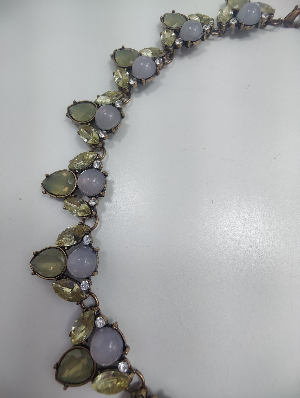 Vintage Style Lavender Green Statement Necklace Bronze Tone Rhinestone Floral - Picture 4 of 10